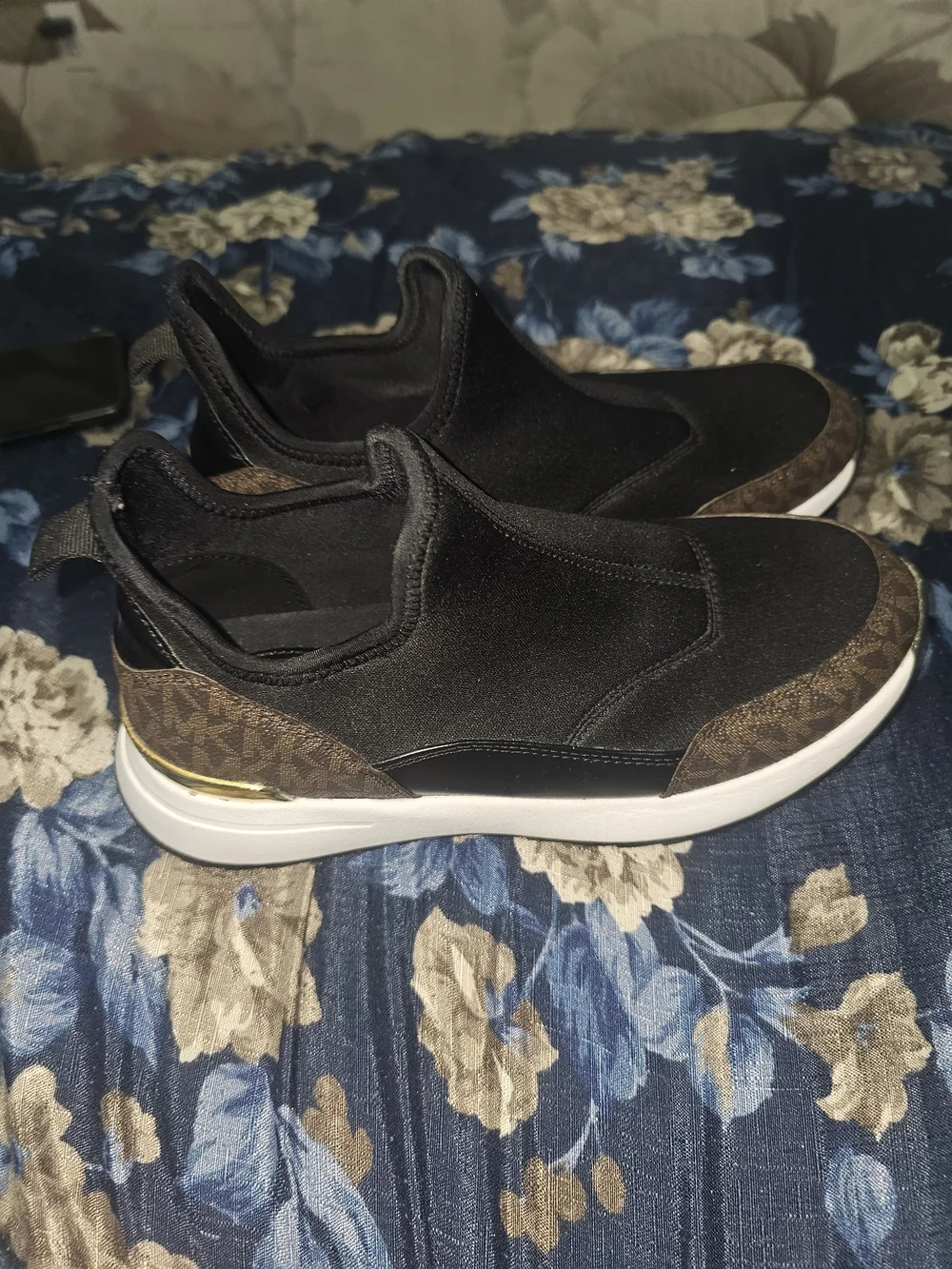 Michael Kors Black Slip-On Sneakers with Brown Logo Panels and White Sole